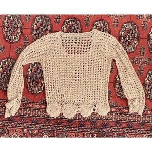 Women's‎ S/XS Beige See Through Stretchy Crochet Crop Top Scalloped Edges